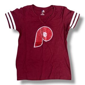 MLB Women's Burgundy Short Sleeve Tee with White Sleeve Stripes